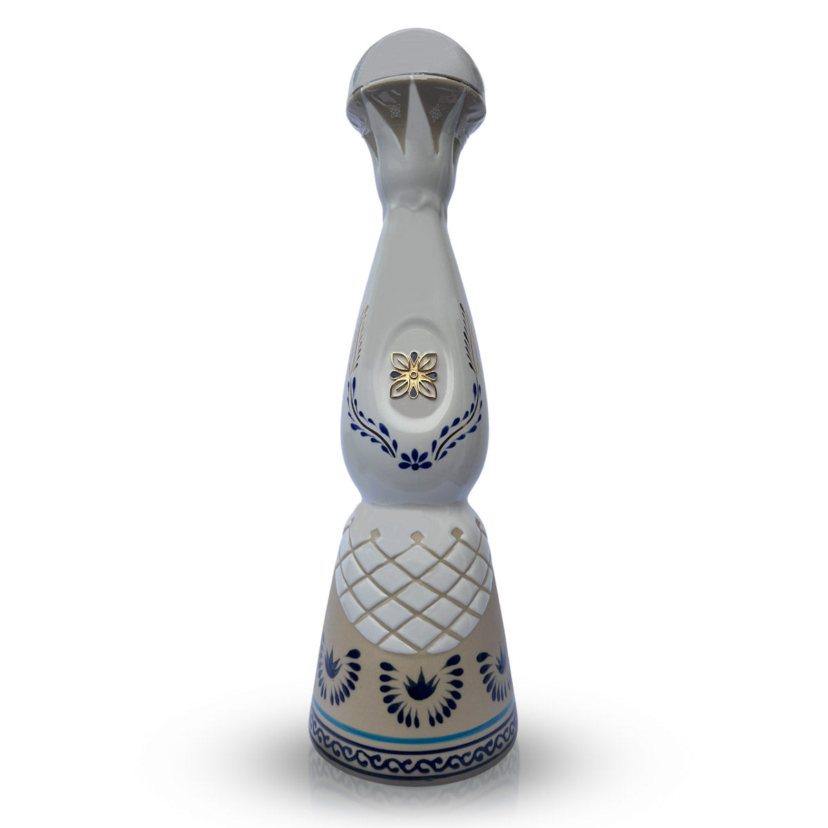 White ceramic, hand designed bottle containing 700ml of Clase Azul Reposado tequila.