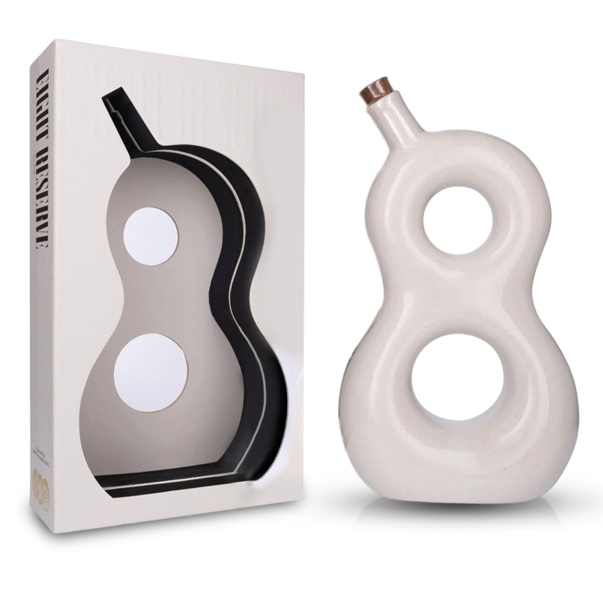 White ceramic decanter containing 700ml of 818's Eight Reserve Tequila , a blend of anejo and extra anejo, completed with a cork closure and fitted display case.