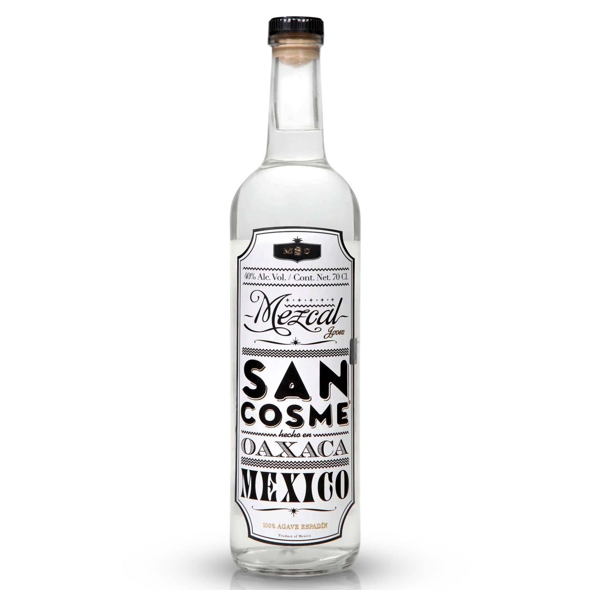 Clean sleek bottle containing 700ml of smoky flavoured San Cosme Mezcal, crafted from 100% Espadin agave.