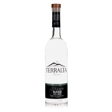 Distinctive glass bottle containing 750ml of Terralta Blanco Barrel Strength tequila. The bottle is sealed with a traditional cork cap, adding elegance and a sense of authenticity. The clean, minimalist logo design ensures that the focus remains on the quality and character of the tequila inside.