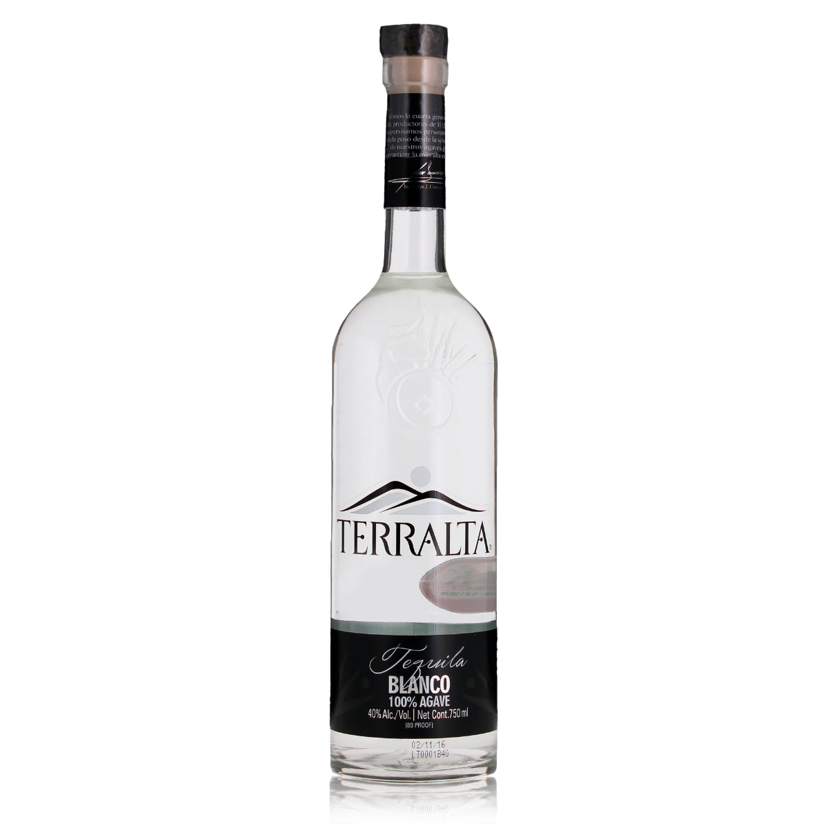 750ml bottle containing crystal clear blanco tequila from Terralta, marked with an image of the producers mountain themed logo and name.