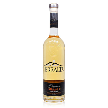 750ml bottle of amber coloured Terralta Extra Añejo Barrel Strength Tequila, presented in an elegant bottle with a secure cork closure.