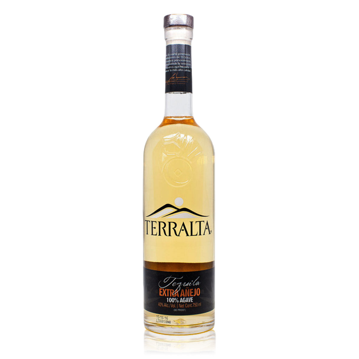 Terralta Extra Añejo is bottled in sleek, handcrafted glass. The bottle's design includes the logo, which features 