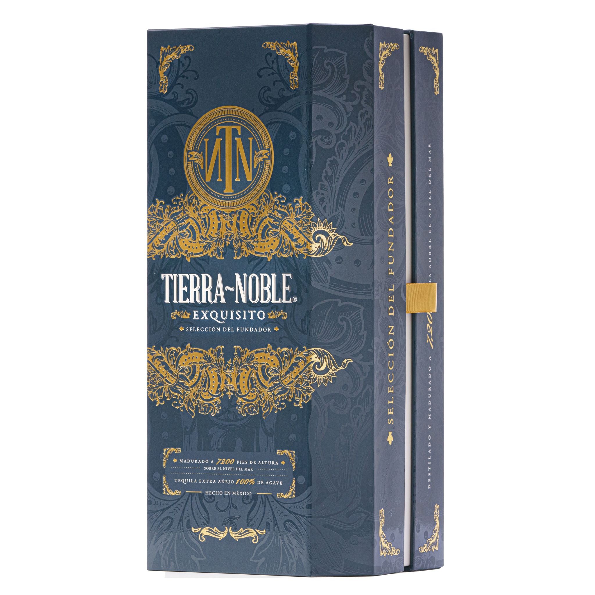 Robust and rectangular shaped royal blue display box for Tierra Noble Exquisito Extra Anejo.