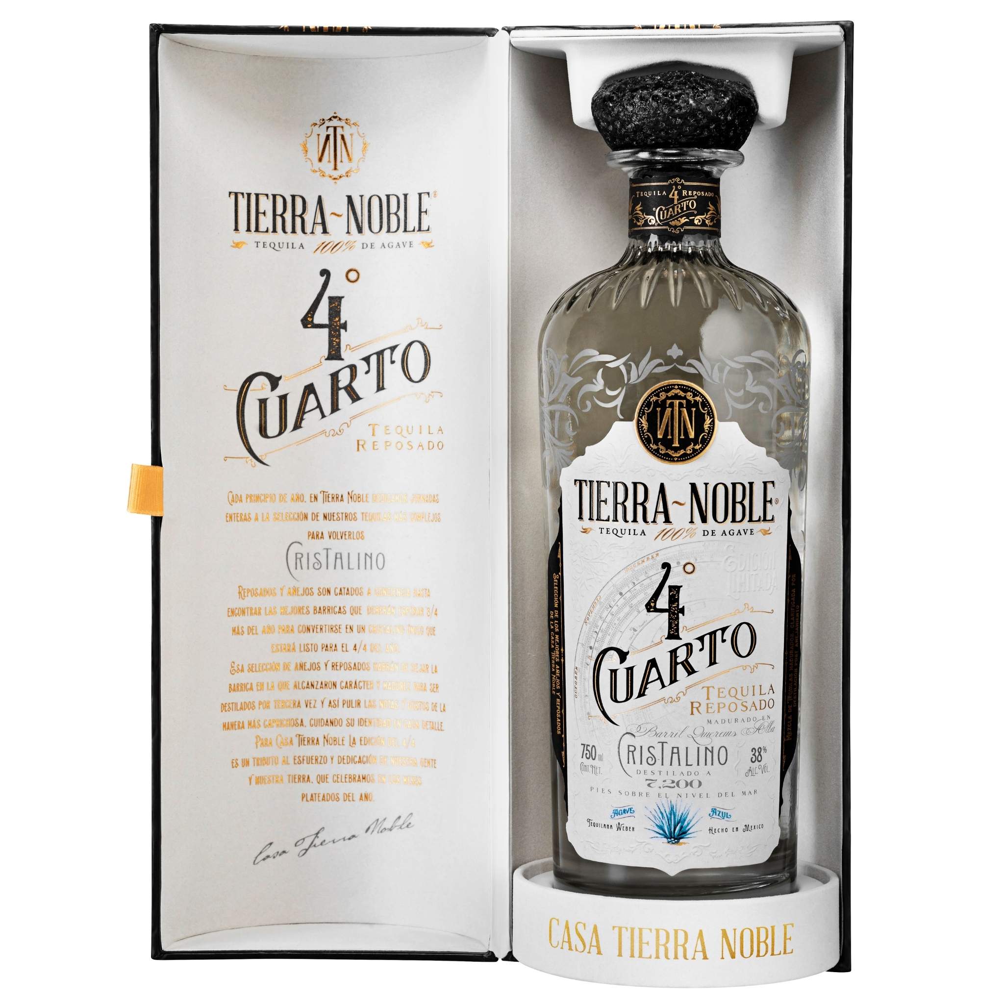 Open display box showcasing a bottle of Tierra Noble Reposado Cristalino.