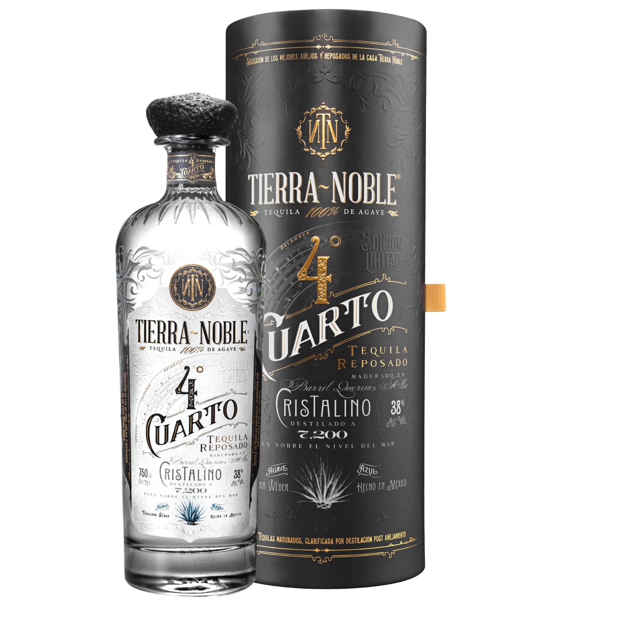 Clear glass bottle containing 750ml of Tierra Noble Reposado Cristalino Edition 4 Cuarto tequila, placed beside textured and black cylindrical shaped display box.